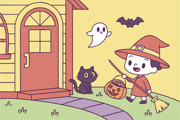 78 cartoon, chibi style, halloween illustration, witch, black cat, pumpkin, ghost, bats, haunted house, cartoon characters, vector graphics, bright colors, digital art