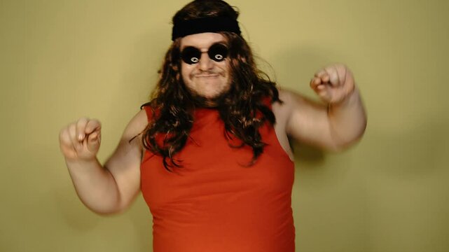 Funny fat man dreams of vacation.