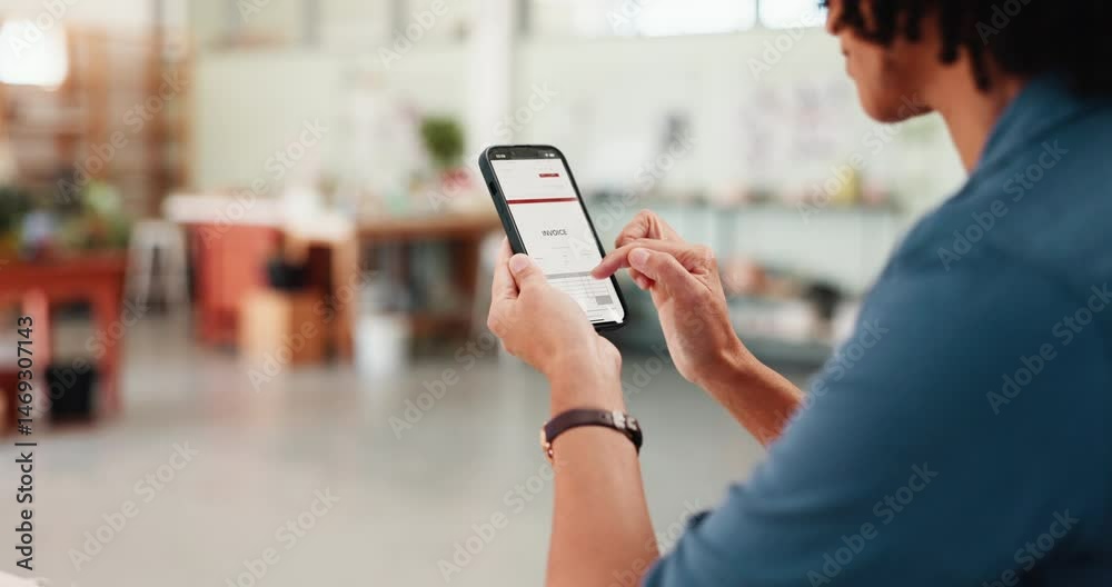 Poster man, phone screen and hands in small business for invoice, service quote and information in workshop