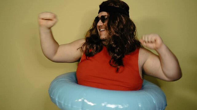 Funny fat man dreams of vacation.