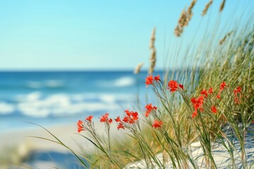 Coastal wildflowers bloom near the ocean shore.  Soft focus on vibrant red flowers amidst sandy dunes and tall grasses. Gentle ocean waves in the background