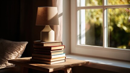 Obraz premium Modern Side Table with Stacked Books and Stylish Lamp by Window