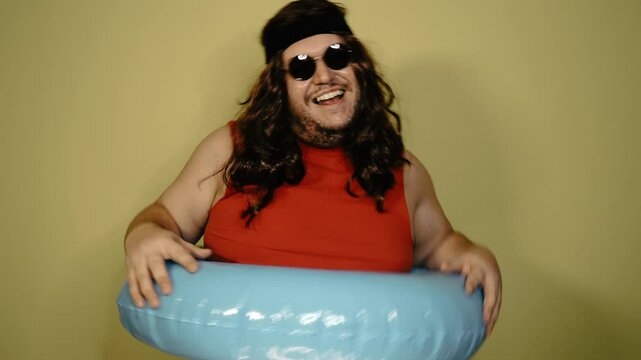Funny fat man dreams of vacation.