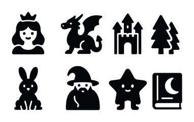 Fantasy and magic solid icons set – silhouette, mythical creatures and enchanted symbols
