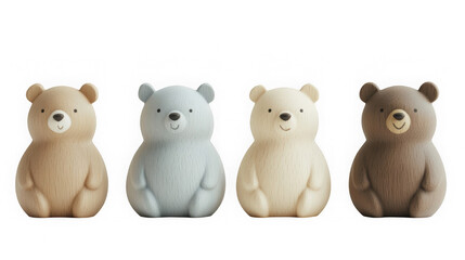4 cute wooden bear toys, in a pastel blue and beige color scheme, against a white background. The simple design features detailed rendering, presented in a 3D product photography style, front view.