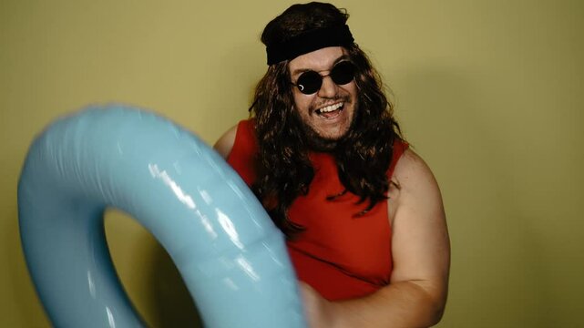 Funny fat man dreams of vacation.