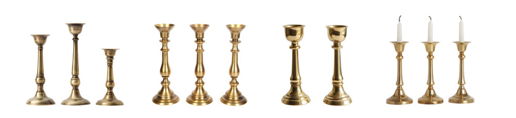 Collection of different sizes and styles of brass candle holders arranged in a horizontal row against a transparent background.