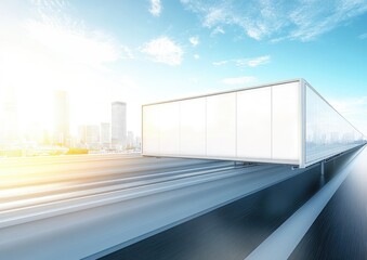 Blank billboard on elevated highway overpass overlooking cityscape