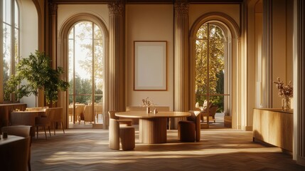 Elegant interior design, sunlit, grand room.