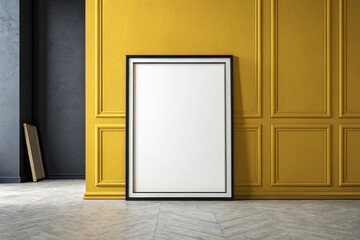 Mockup poster frame in minimalist interior background with dark Yellow wall.
