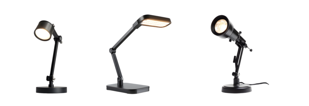 Set of sleek adjustable lamps with circular shades, ideal for any home or office workspace, featuring a modern and functional design.