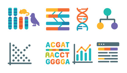 Obraz premium Genomics flat icons set – genetic, dna, data visualization symbols for scientists