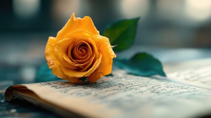 A beautiful rose growing out of the middle of a classic novel, its vibrant color standing out.