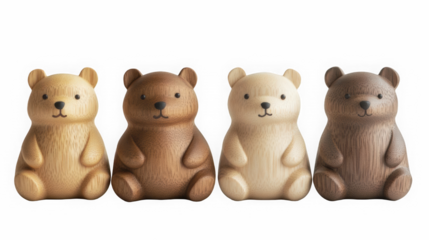 A close-up and front view, a collection of four cute wooden sitting bear toys isolated on white background, with nature and soft studio lighting.
