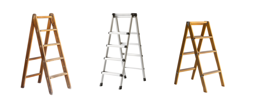 Set of different designs of tiered shelving, created from wood and metal in a triangle shape, isolated on transparent background