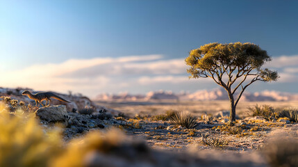 Small Tree In Arid Desert Landscape At Sunrise