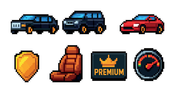 Retro pixel art car icons for game design and ui elements