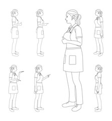 Waitress Pointing and Talking in Side View - Outline Vector Illustration for Communication, and Presentation.
