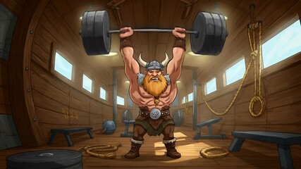 Mighty Viking Warrior Lifting Weights in His Ship Gym