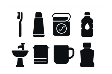 Fototapeta premium Bathroom essentials silhouette icons set – hygiene, toiletries, grooming symbols