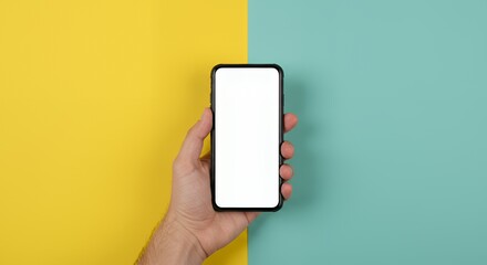 Smartphone Mockup: Hand Holding Blank Screen on Yellow and Teal Background