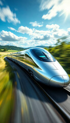 Obraz premium a high-speed train racing through a blurred landscape, emphasizing speed.