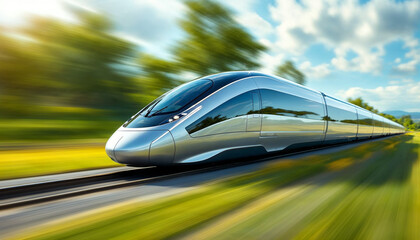 Obraz premium a high-speed train racing through a blurred landscape, emphasizing speed.