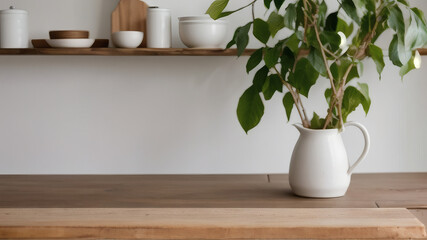 Minimal Beauty Product Mockup Scene with Green Plants and Wooden Surface