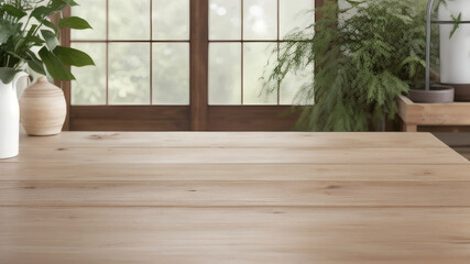 Fototapeta premium Minimal Beauty Product Mockup Scene with Green Plants and Wooden Surface