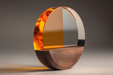 Half amber, half clear resin disc on walnut base, showcasing elegant contrast and craftsmanship, ideal for modern decor or product display