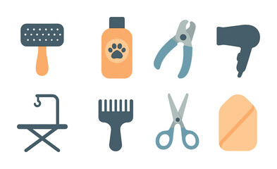 Pet grooming tools solid icons set – flat, filled, animal care and hygiene symbols