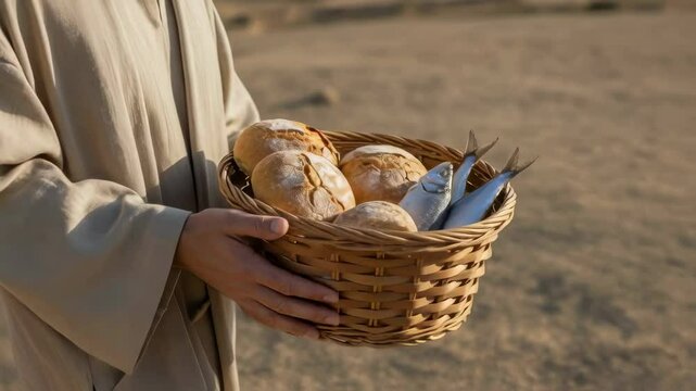 Jesus Christ holding a basket of bread and fish. Gospel story about the miracle of the multiplication of loaves. Judean desert, Christian background, banner