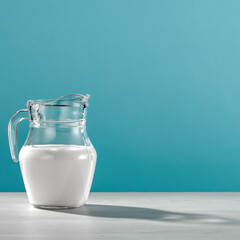 Glass jug of milk on white table with blue wall background. Copy space for text and product.