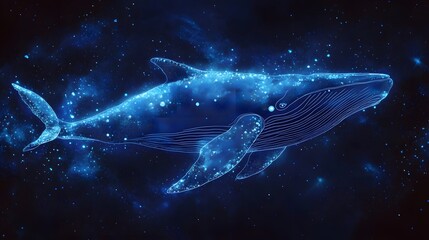 Whale Outline in Dots: A giant whale swimming, its form emerging from a constellation of blue dots and smooth lines, set against an oceanic background. 

