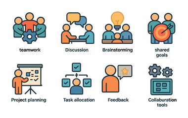 Fototapeta premium Teamwork and collaboration icons set – flat, brainstorming, project planning tools