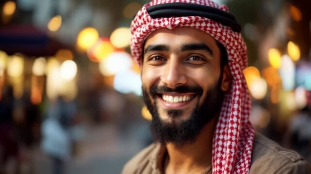 Smiling Arab Man in Traditional Keffiyeh at Night