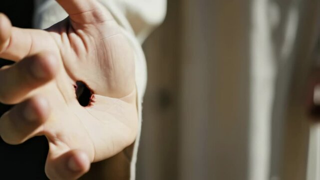 Hand of Jesus Christ with a nail wound. The resurrected Christ shows his hands to the Apostle Thomas, Gospel story. The concept of faith, sacrifice and resurrection on Easter.