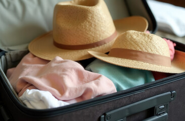 Travel suitcase with clothes and two straw hats for Family Leisure, close-up