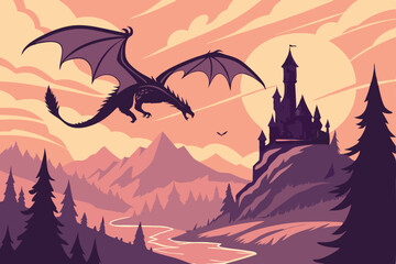 82 black dragon flying over fantasy castle landscape, dramatic scenic sunset sky, digital art, fantasy, hyper detailed, intricate, cinematic, octane render, 8k © Md Ruhul Amin