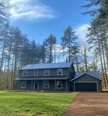 Obraz premium Modern home nestled in a wooded area, featuring a dark gray exterior and a spacious layout. Sunny day with clear skies