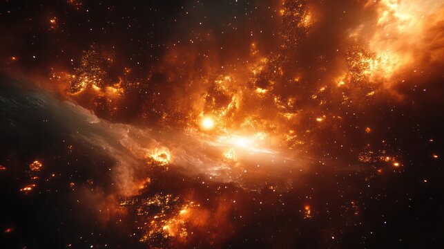 Cosmic fiery nebula in deep space.  Vast expanse of swirling, fiery gases, showcasing stellar birth and destruction