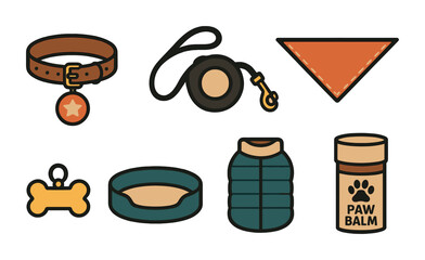 Pet accessories outline icons set &ndash; flat, linear, animal care and companion symbols
