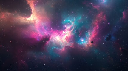 Colorful nebulae swirl through the cosmos, showcasing vibrant hues and celestial bodies.  Deep space filled with glowing clouds of gas and dust