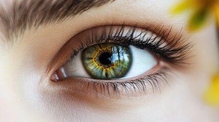 Obraz premium A close-up of eyes reflecting the natural beauty of a green meadow with wildflowers.