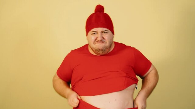 Funny fat man dreams of vacation.