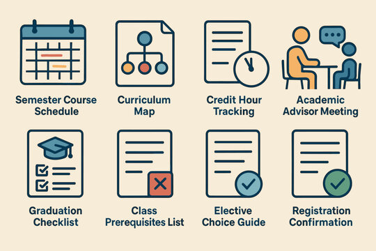 Academic planning icons set – solid, filled, course and schedule management visuals
