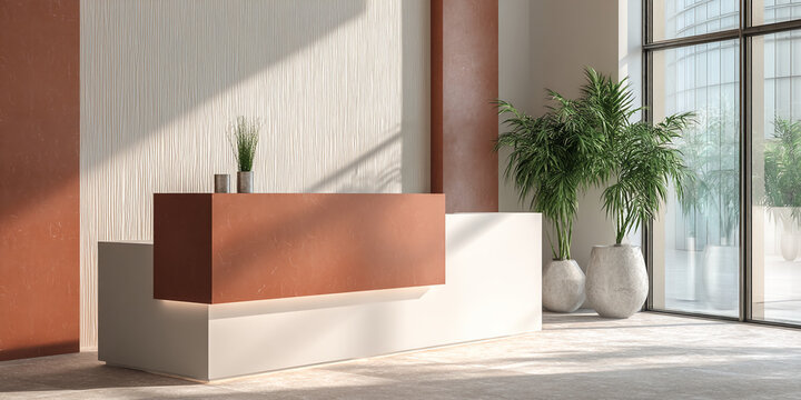 Modern reception desk, terracotta and white, plants, sunlight, minimalist design, showcases clean lines and functionality, ideal for business or office setting