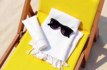 A white tube of cream mockup, beach towel and sunglasses are lying on a sun lounger