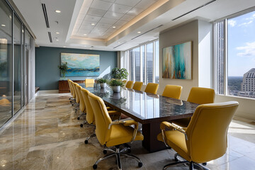 Fototapeta premium Modern office conference room with large windows, yellow chairs around a long table, and abstract artwork on walls, showcasing a successful business environment