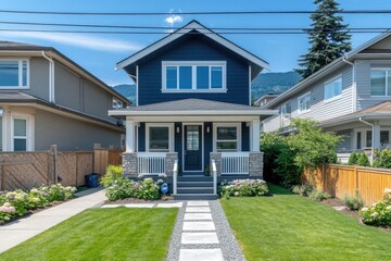 Charming, modern, single-family home with a dark blue exterior, nestled among other houses. Landscaped front yard with a walkway leading to the front door